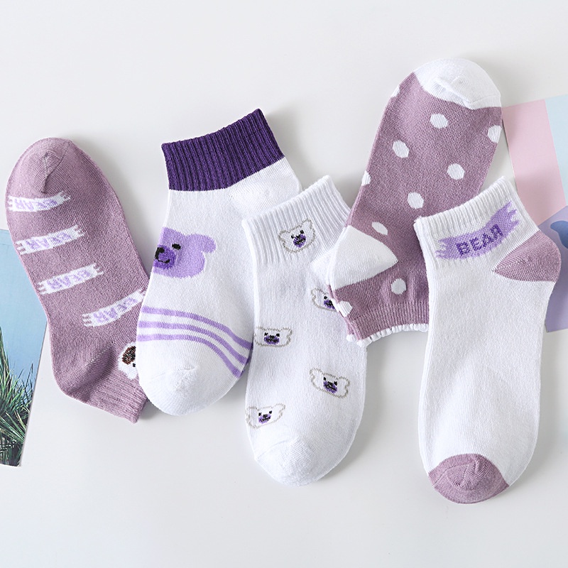 GO! KK807 Kaos Kaki Wanita Motif Beruang Ungu Pendek Fashion Korean Unisex Semata Kaki Purple Bear Socks Import Ankle