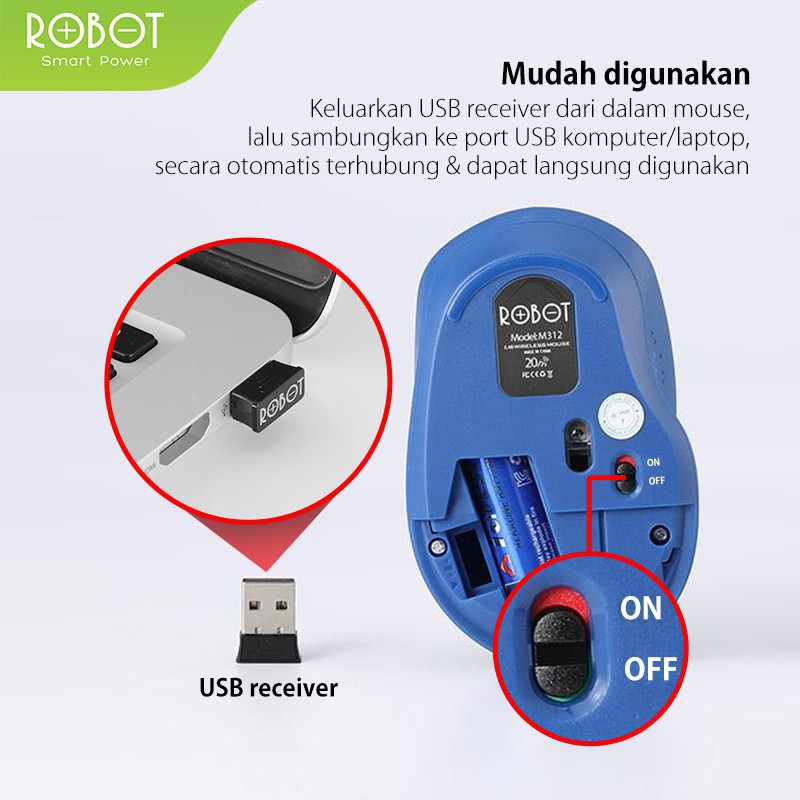 ROBOT M312 2.4G Wireless Mouse Silent Key 1600DPI 500Hz - Garansi Resmi 1 Tahun