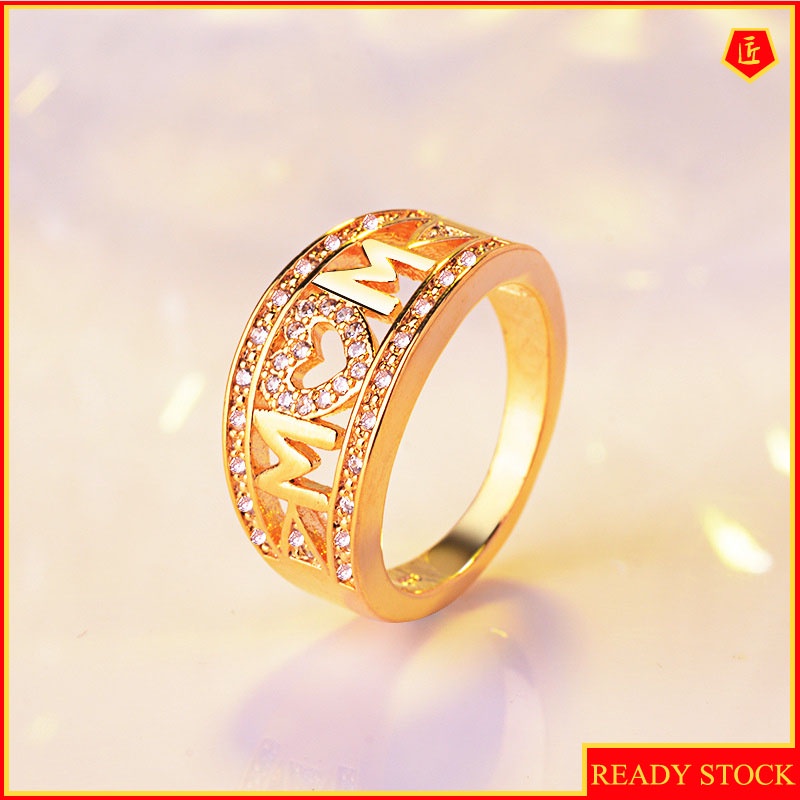 [Ready Stock]Platinum Diamond-Embedded MOM Heart-Shaped Ring Female