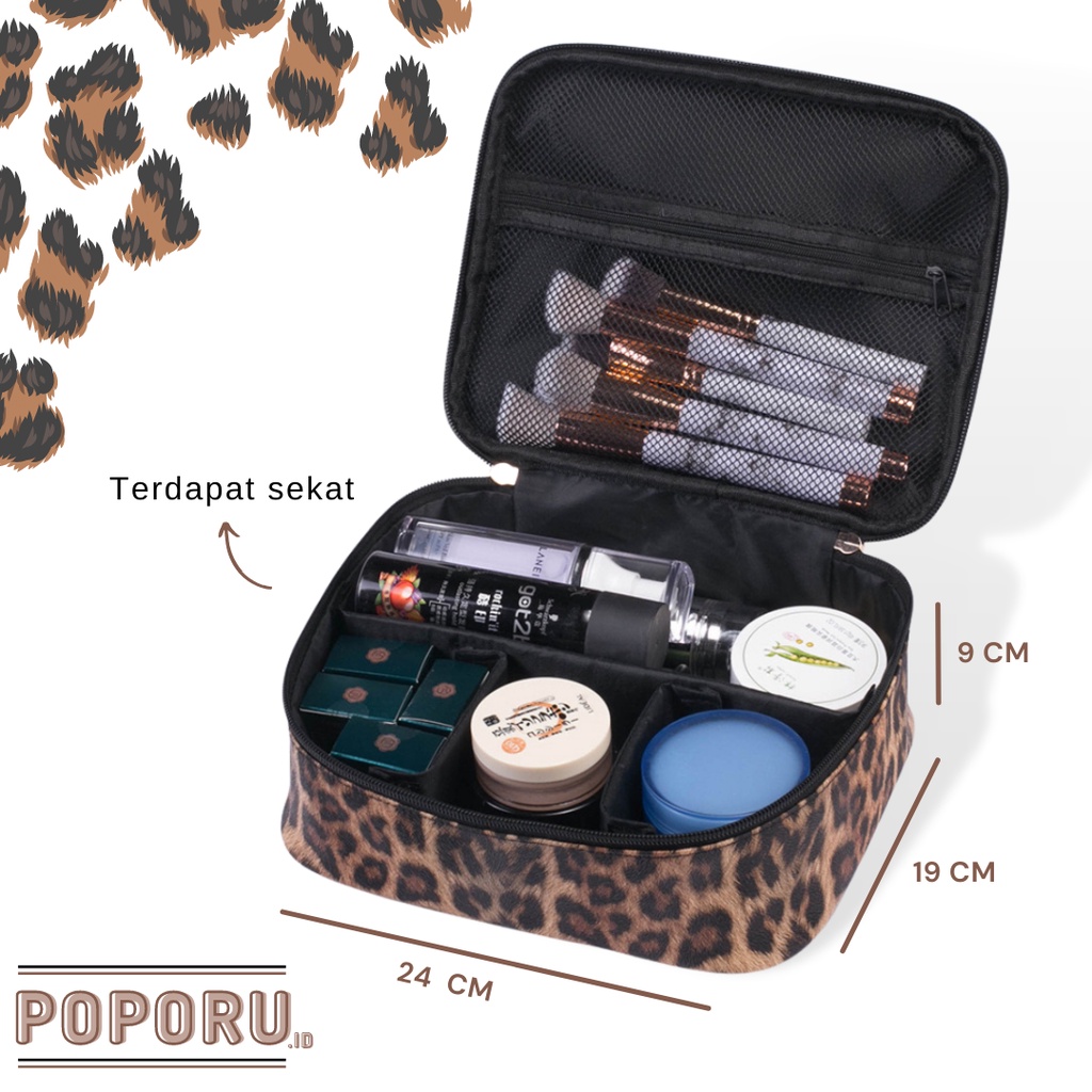 POPORU LEOPARD LEATHER  pouch - cosmetics bag organizer for make up - tas tempat kosmetik macan