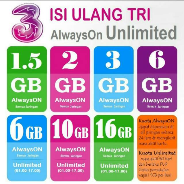 Kuota Tri AlwaysOn Unlimited 1,5gb 2gb 3gb 6gb 10gb Voucher Kuota Tri 66gb 66 gb Three 66gb 66 gb