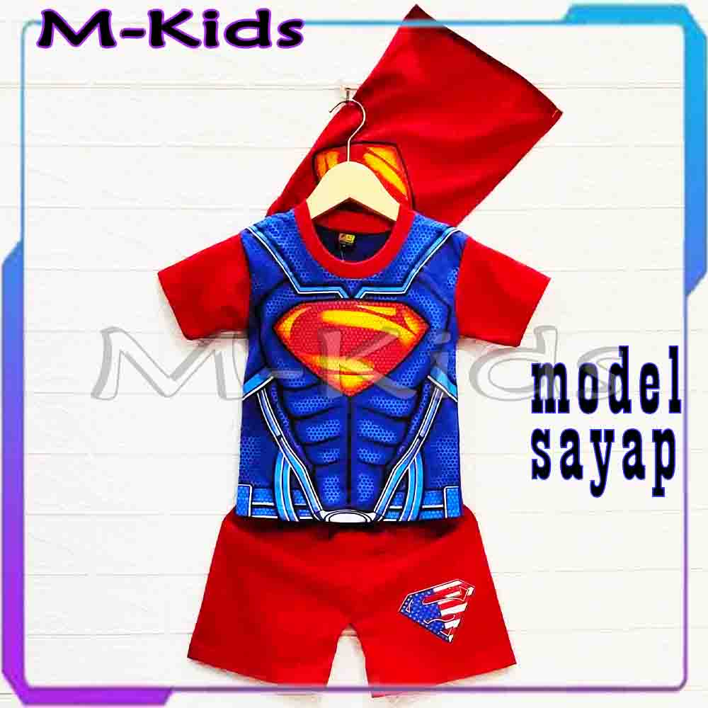 MKids88 - Baju Setelan KAOS Anak Karakter Batman &amp; Superman Motf Sayap