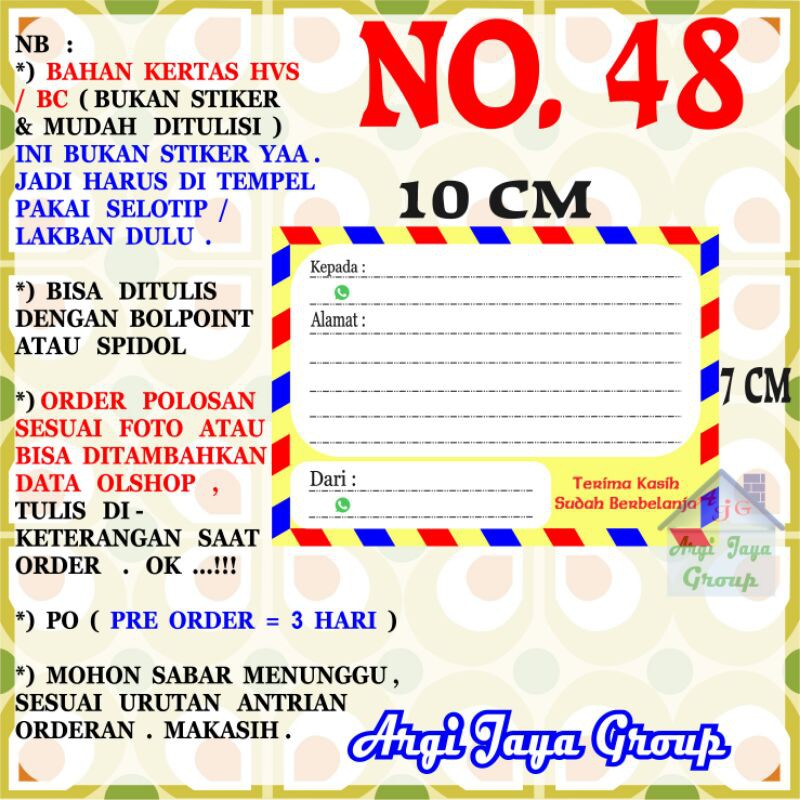 

Label Pengiriman Alamat Olshop Murah Nomer 48 - 10x7cm - Kertas BC (Manila)