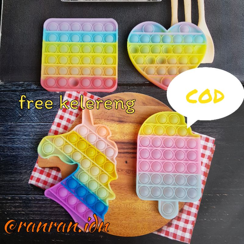 finger pop it UNICORN &KOTAK  GLITER, LOVE GLOW IN THE DARK, ICE CREAM CLEAR.free kelereng