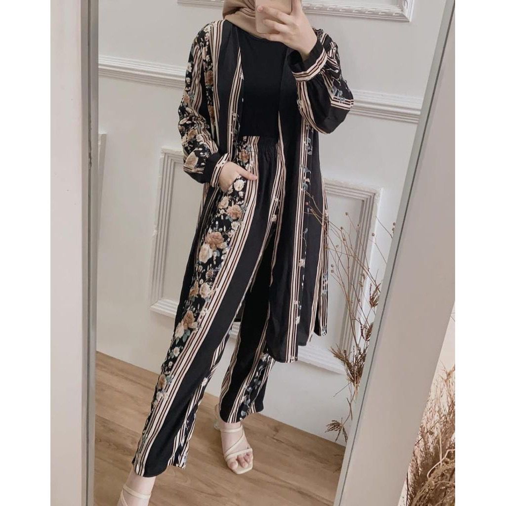 BLOOMS DAILY ONE SET / TIE DYE ONE SET RAYON / STELAN PIYAMA WANITA-LIVINA BLACK