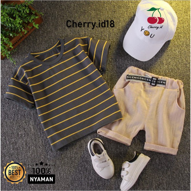 Cherry (BACA NOTE) COD Setelan Baju Anak Lengan Pendek / Pakaian Anak Motif Garis SB09