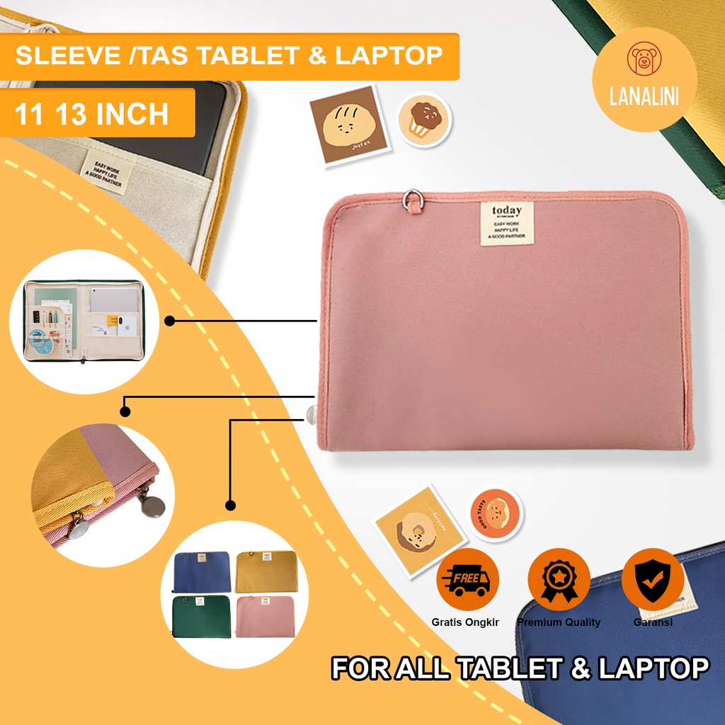 Sleeve Pouch Sarung Tas Bag Case Ipad Tab Tablet Macbook Air Pro Laptop Asus Acer Lenovo HP Huawei 11 12 13 14 15 inch Motif Gambar Polos Warna Biru Navy Hijau Pink Mustard Yellow Ginger Lucu Cute Murah Korean Model Banyak Ruang Slot Stationary