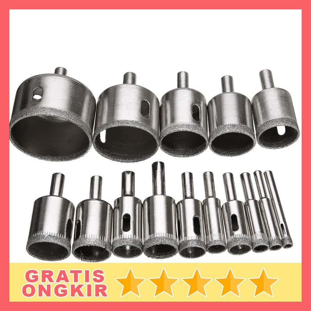 SH8-2 Set isi 16 / 15 / 10 Pcs Mata bor Keramik Kaca Marmer Bulat 1  Lubang Diamond Granit Besi Baja 8mm Sampai 50mm / Set MataBor Kaca Holesaw Hole Saw Keramik Granit Marmer Batu Porselen Permata Hss Pelubang Ceramic Original Asli