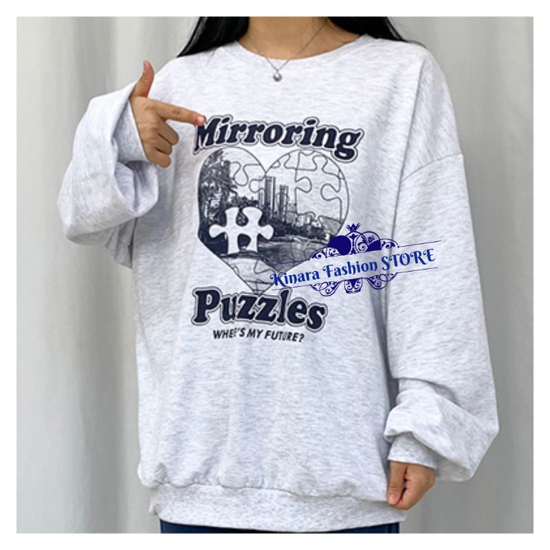 Sweater Switer Crewneck Oversize MIRRORING PUZZLE Pakaian Pria Wanita Fashion Korean Style