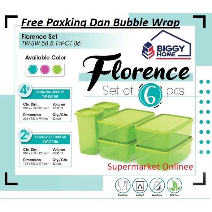 Toples Kotak Florence Set 6pcs Box Kotak Kue Serbaguna / Tempat Wadah Sayur Sealware 2000ml Container Botol 1000ml