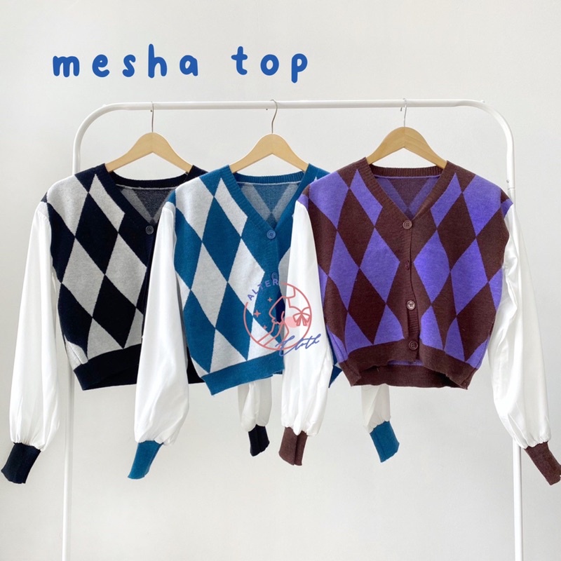 alter.cloth - MESHA TOP | Atasan Wanita Lengan Panjang Atasan Top Korea Argyle Ketupat Premium Knit 
