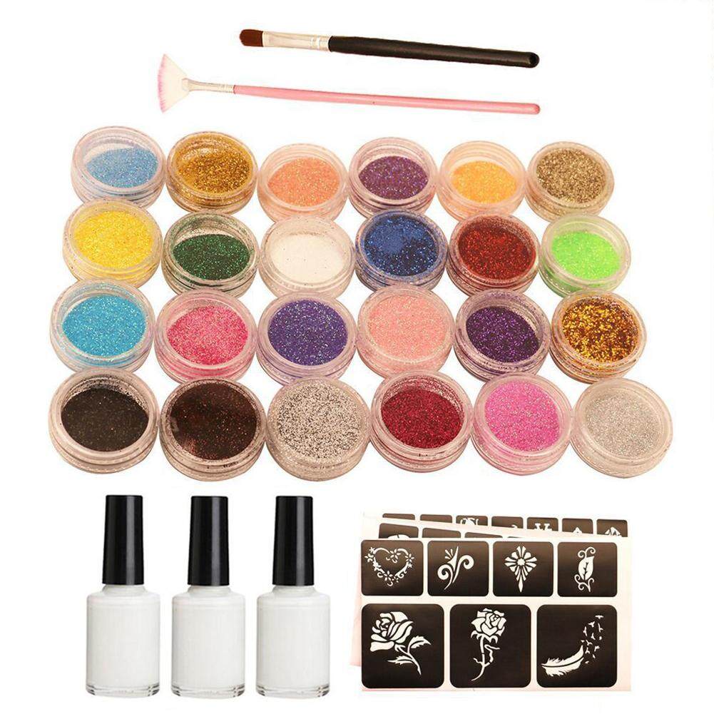 Tato Sementara, Kit Tato Berkilau 24 Warna 1 Set Kit Perlengkapan Makeup Tato Sementara Tahan Air, Tato Jus, Tinta Seni Tubuh