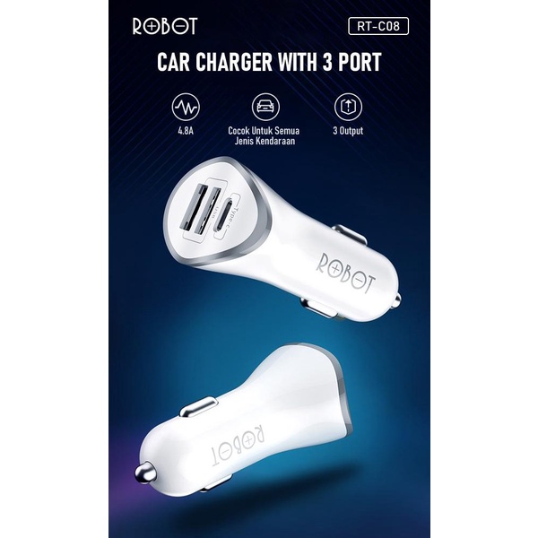 Robot RT-C08 3 Port Output Car Charger USB-C USB-A 4.8A Max