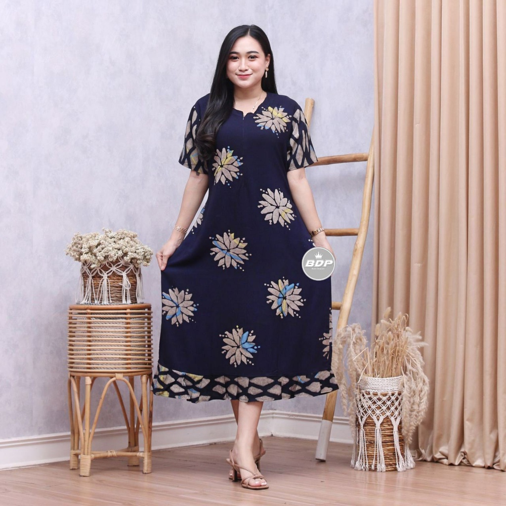 Dianputri - Daster Maura Batik Cap Rayon Grade A Motif Terbaru Busui Resleting Depan - Baju Tidur Daster Kekinian-adiba navy