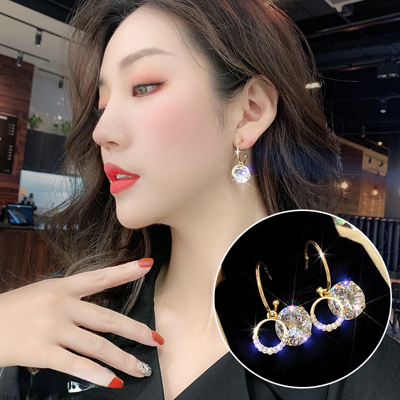 1 Pair Korean Version Fashion Inlay Zircon Crystal Pendant Earrings