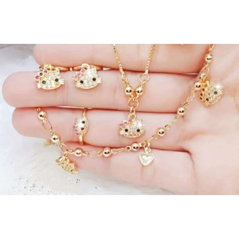 set perhiasan anak motif hello Kitty (TG), set perhiasan titanium asli anti luntur anti karat, perhiasan fashion anak import, 1 set perhiasan lengkap kalung cincin anting dan gelang kaki