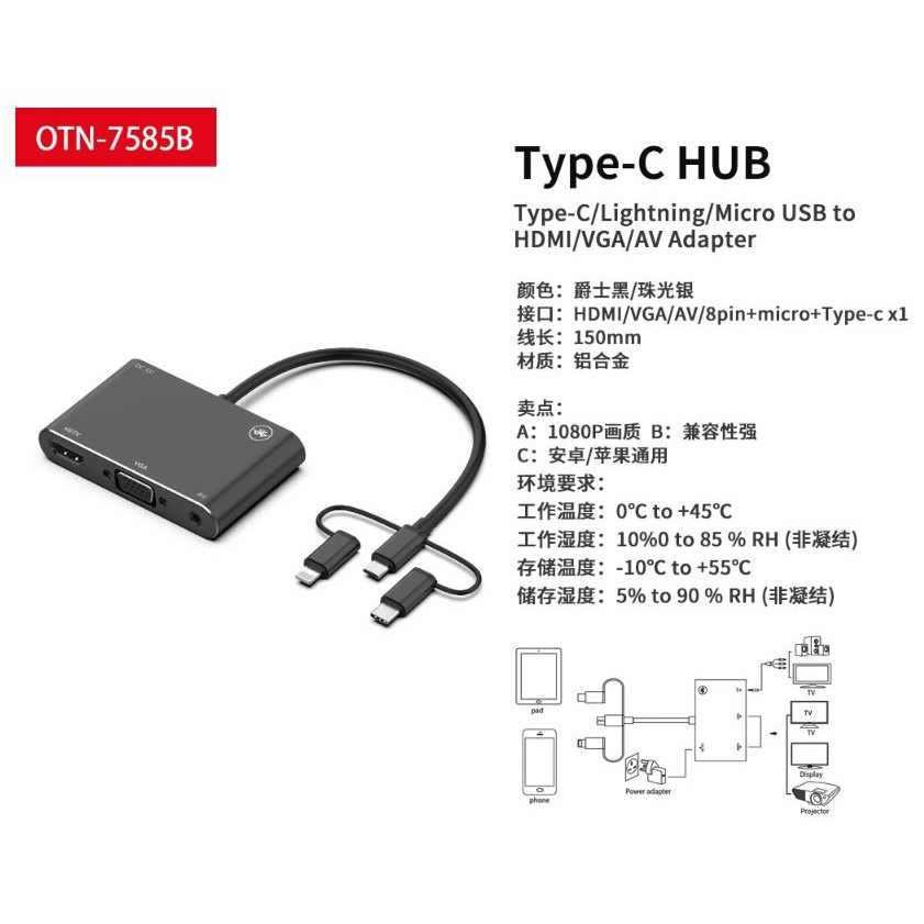 BUBM Adapter Hub USB Type C/Lightning/MicroUSB to HDMI/VGA/AV - OT7585B - Black