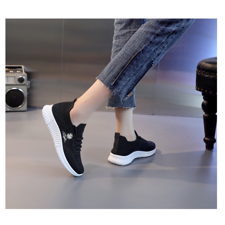 ❀ Chingu ❀ SEP008 (Tanpa Kotak) Sepatu Sneakers Wanita Putih Hitam Motif Bunga Sporty Model Korea Fashion Casual Sport Olahraga Import