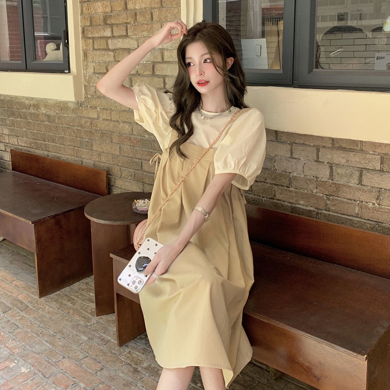 Setelan Atasan Lengan Busa Manis Gaya Preppy Gaun Tali Punggung Wanita Mengurangi Usia Mudah Dipadu Padan Terlihat Kurus Menutupi Daging Model Baru Musim Panas