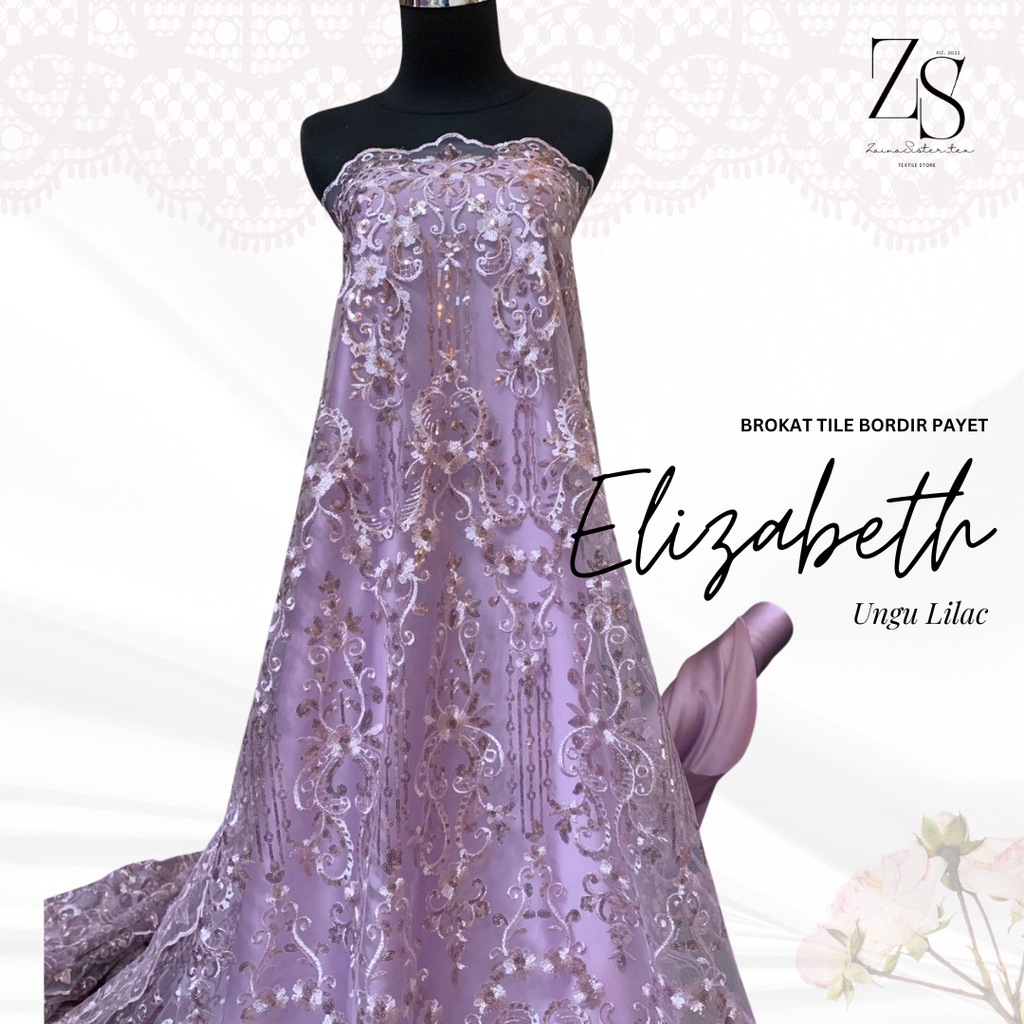 Bahan Kain Kebaya Brokat Tile Payet Bordir Mewah Elizabeth Warna Ungu Lilac 1/2 meter