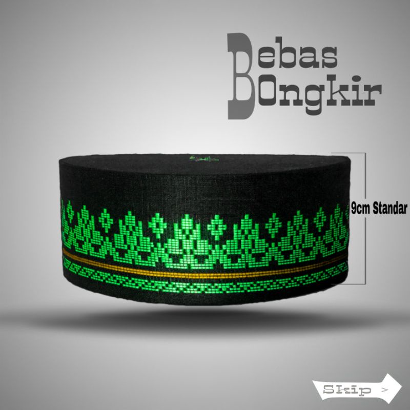 peci bulat lonjong hitam hijau lis emas songkok songko kopia kopya topi lobe Zubair tenun Songket wa