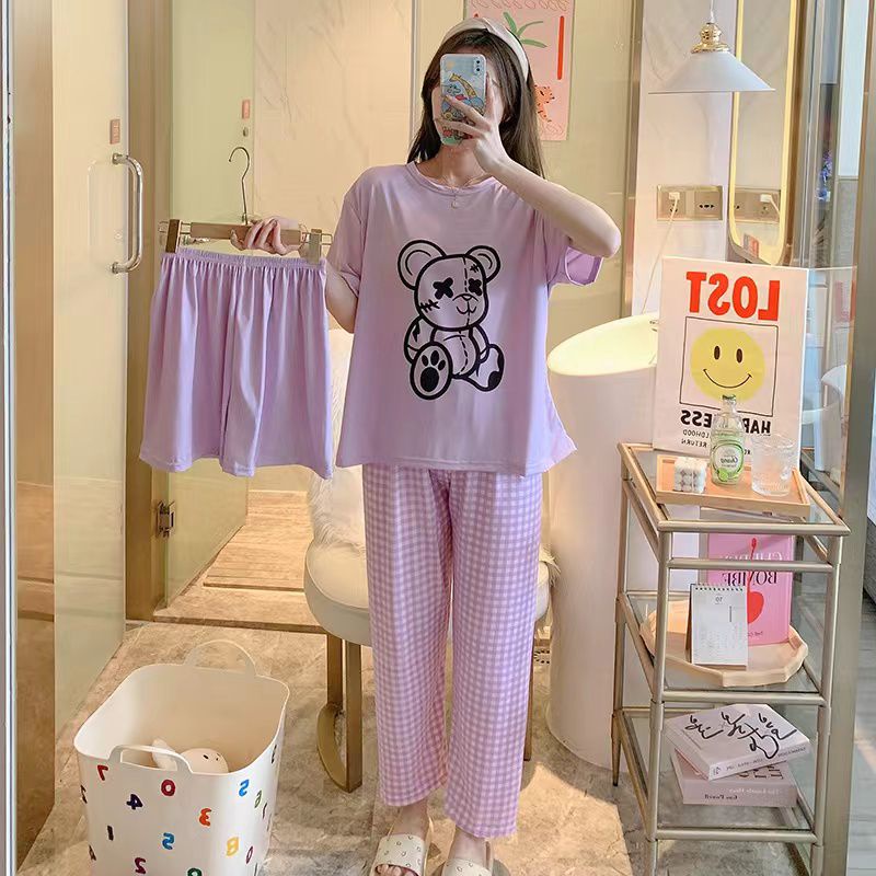 AJW Shop Piyama 3 in 1 | Piyama Lengan Pendek | Baju Tidur Impor | Baju Tidur 3in1-Freedom Bear Ungu
