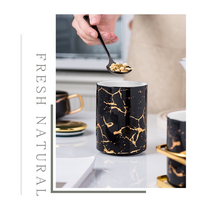 Mi.more Snack Jar Set Dengan Panjang/Trapesium Gold Rak Puith Hitam/ Toples Makanan Cemilan Gold Mewah Motif Marble Marbel