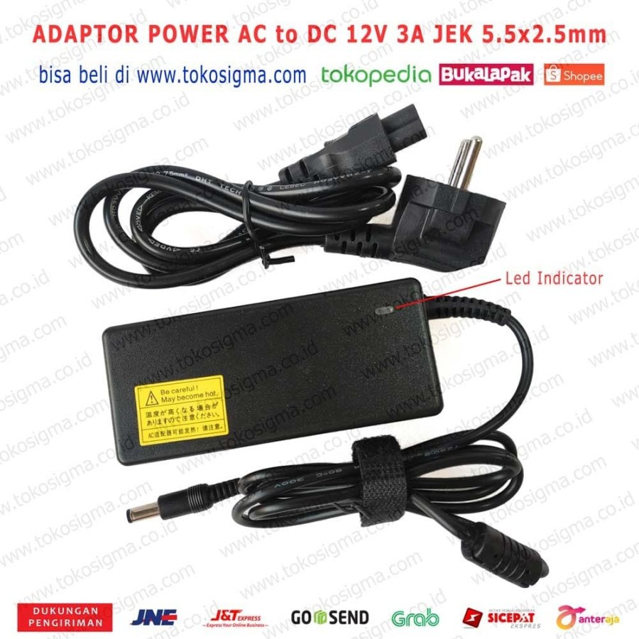 ADAPTER AC ADAPTOR to DC 12V 3A PLUG 5.5 x 2.5 mm 36W POWER SUPPLY