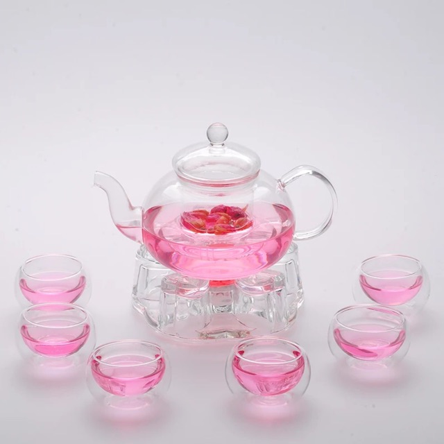 8pcs double layer glass tea set ( 1 teapot + teapot stand + 6 double layers glass cups)