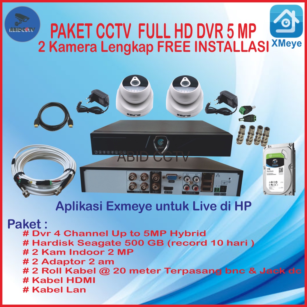 PAKET CCTV DVR 5MP 4 CH ,2 KAM INDOOR 2 MP + HARDISK+ FREE INSTALLASI