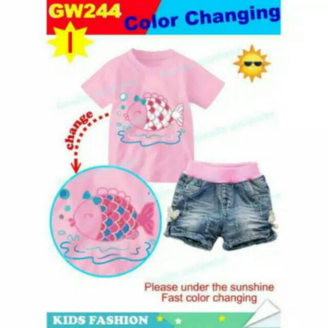 GW 244 I Fish Pink Set Hot Denim Pants size 140/7y Setelan Import Kaos Celana Jeans Anak Perempuan C