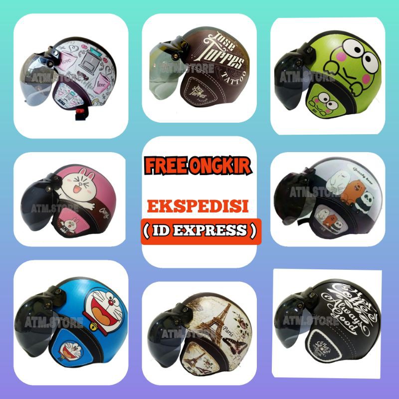 Helm Bogo Dewasa Wanita Pria Retro Kulit SNI Full Motif Ukuran M/L Plus Kaca Cembung