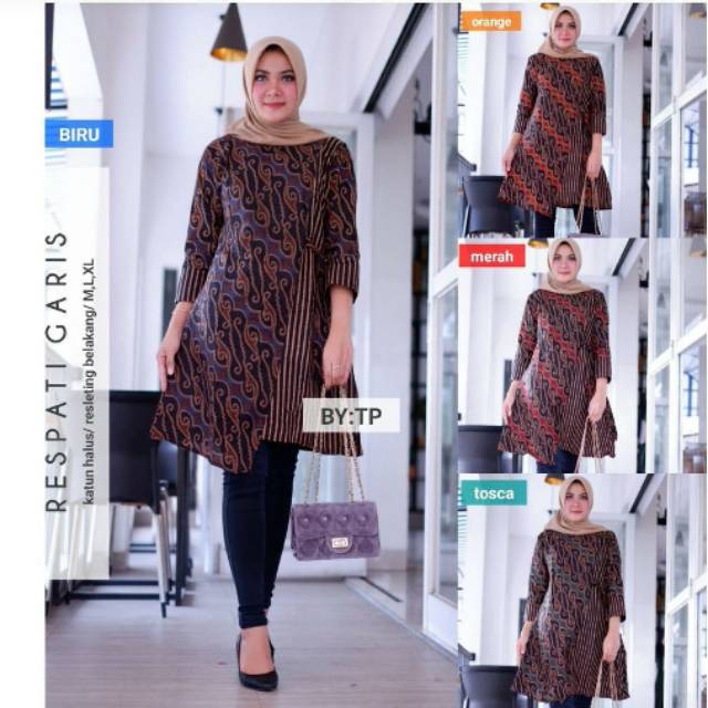 Tunik Respati Garis Sogan Dress Batik Muslim Midi Dress Seragam Kerja Modern Cantik Kekinian