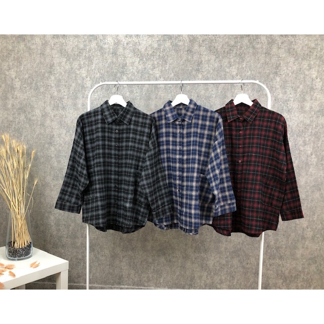 KEMEJA FLANEL LM245 KOTAK KOTAK HEM LENGAN PANJANG WANITA CASUAL MUSLIM HIJABERS KEKINIAN BIRU