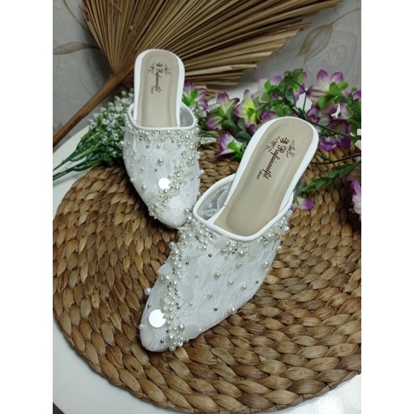 sepatu reista putih lace brukat payet cantik mewah tinggi 5cm kaca