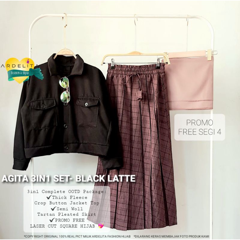 PROMO FREE JILBAB ORI 100% REAL PICT AGITA 3IN1 SET BAJU SETELAN WANITA HIJAB LEBARAN 2022 OOTD SELEGRAM BAJU VIRAL KEKINIAN MODEL TERBARU SETELAN UNTUK WANITA REMAJA-AGITA - BLACK LATTE