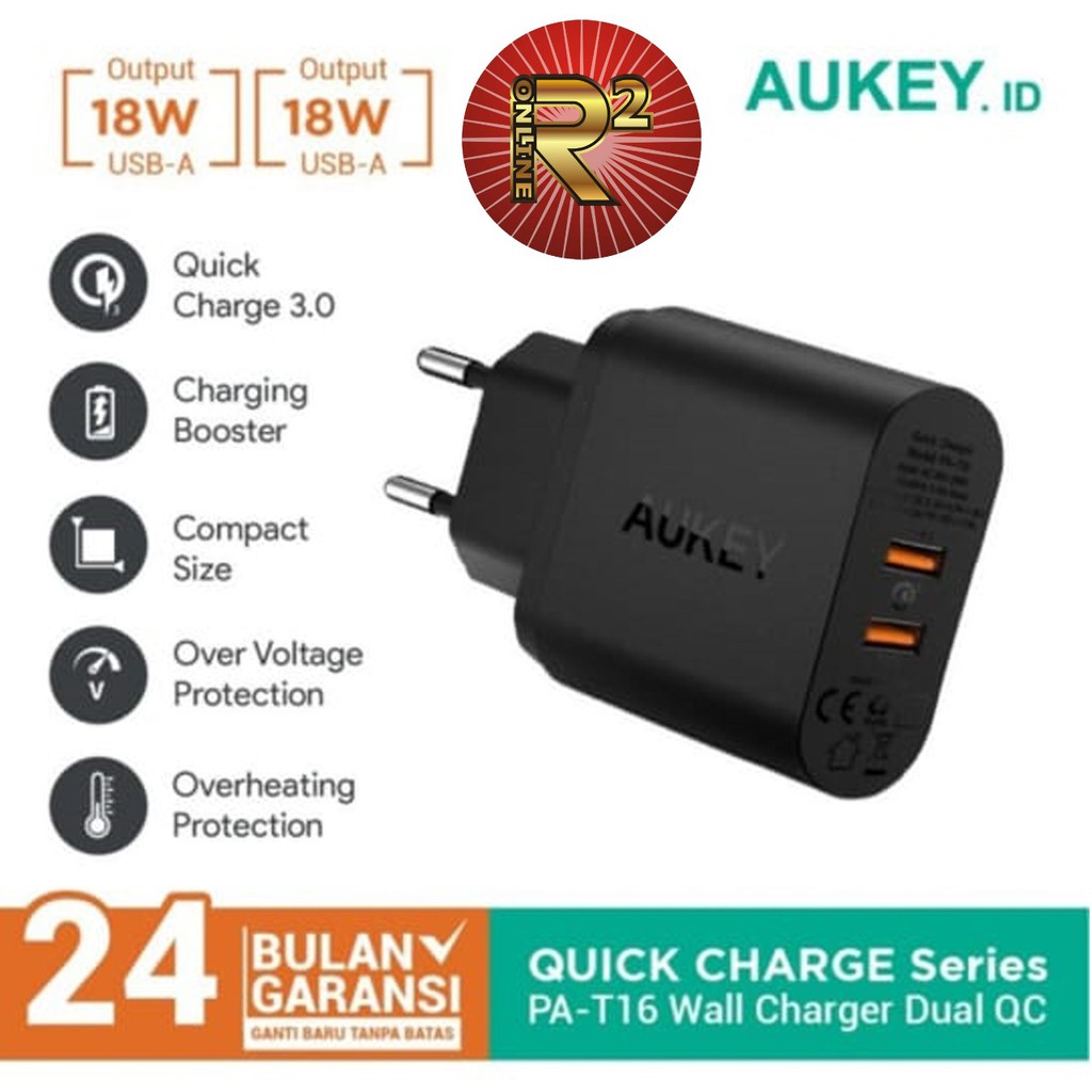 Aukey Charger PA-T16 2 Ports 36W QC 3.0 Original Garansi Resmi Aukey