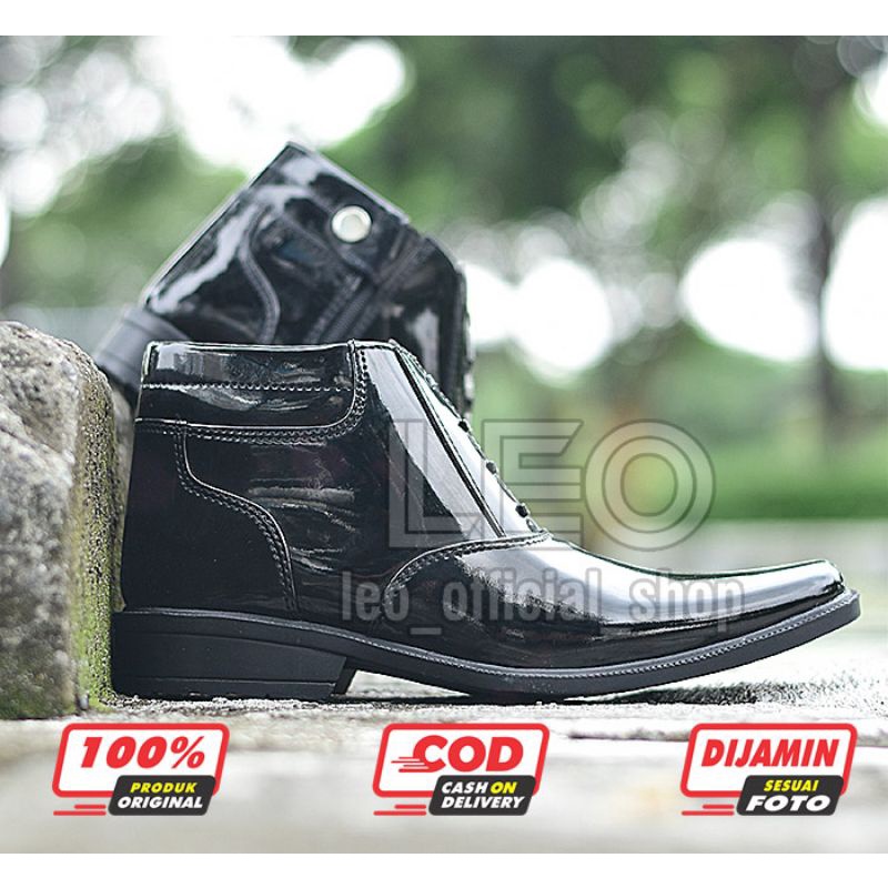 Sepatu PDH 03 Polri Dinas Satpam TNI Security Polisi Sepatu Kerja Pria Hitam Glossi Kulit Syntetic Asli Resliting - DP03