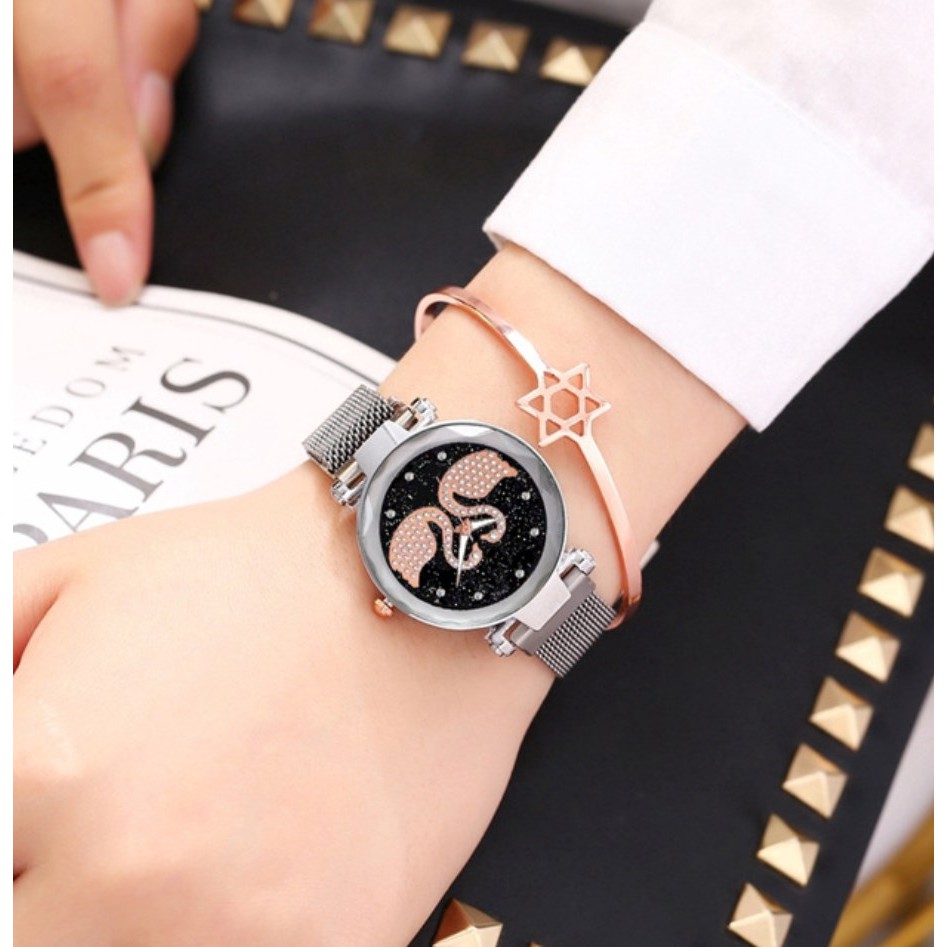 Jam Tangan Magnet Angsa TWO SWAN + FREE BOX &amp; BATERE CADANGAN Korea Fashion Women's Wrist Mesh Watch