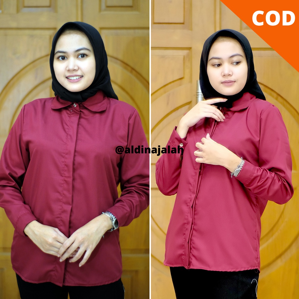 Kemeja Kuliah Wanita Warna Merah Maroon Lengan Panjang Kekinian 2022
