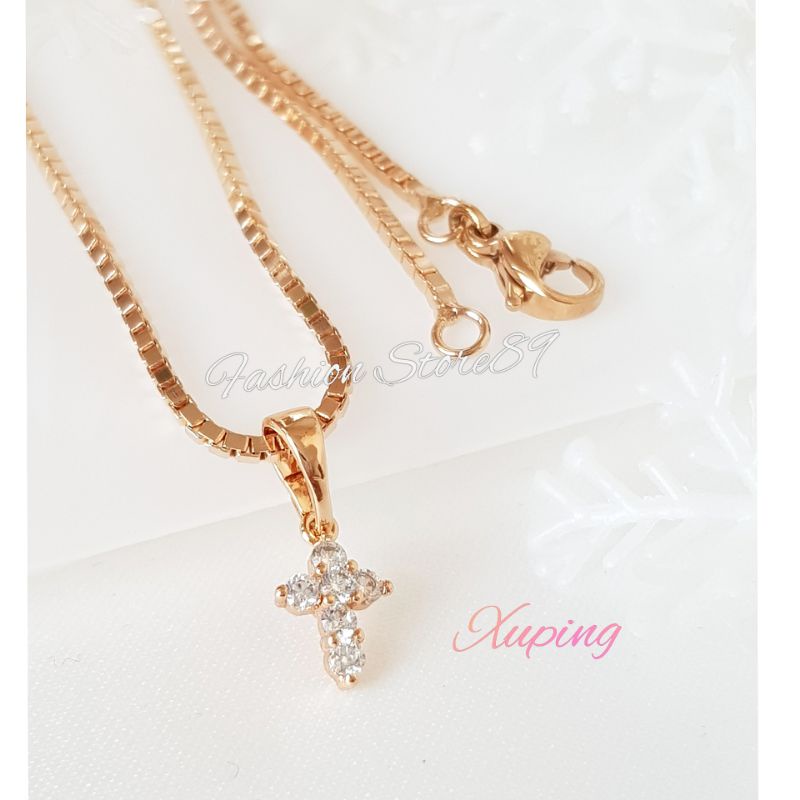 Kalung Salib XUPING kecil Elegant Unik Perhiasan xuping impor lapis emas 18k Rosegold