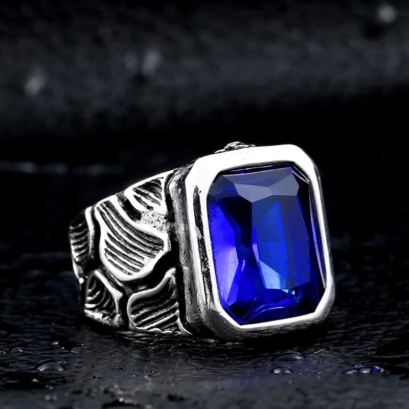 Cincin Batu Safir Royal Blue Saphire Ring Titanium Real Anti Karat Tahan Luntur Motif Retro Apex