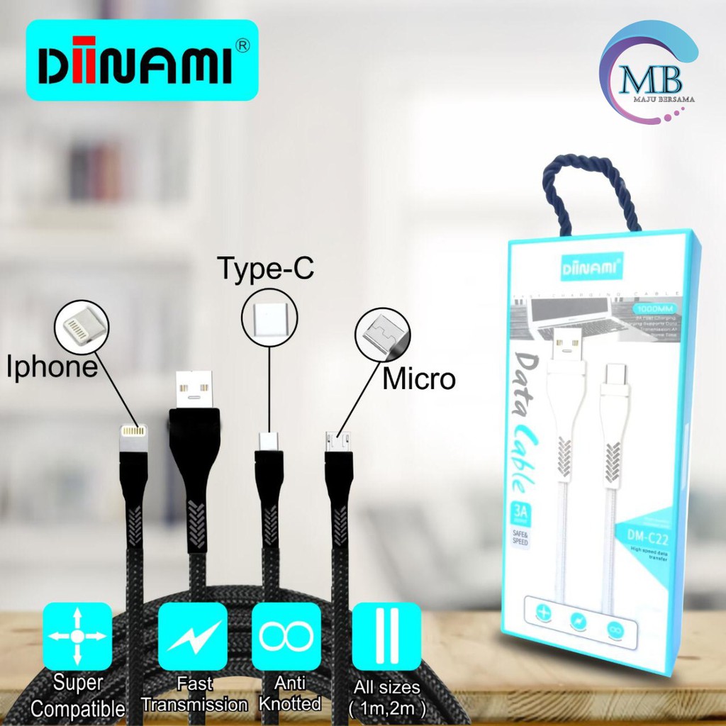 BM081 C22 DIINAMI Kabel data cable charger original ready Micro i Ph0ne tipe c 1 2 3 meter 3Amper MB686