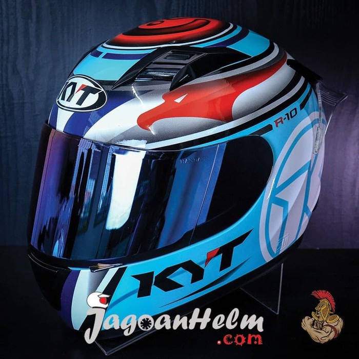 OFC KYT HELM R10 VISOR IRIDIUM BLUE AQUA BLUE - RED FLUO CUSTOM