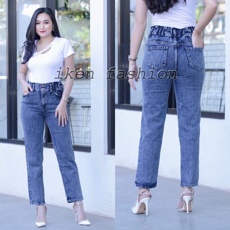 CELANA JEANS BOYFRIEND // Celana jeans BF highwaist pinggang karet kancing 2