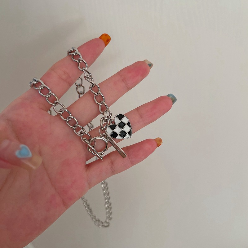 Korea Checkerboard Love Pendant Hollow OT Chain Necklace Female Bracelet