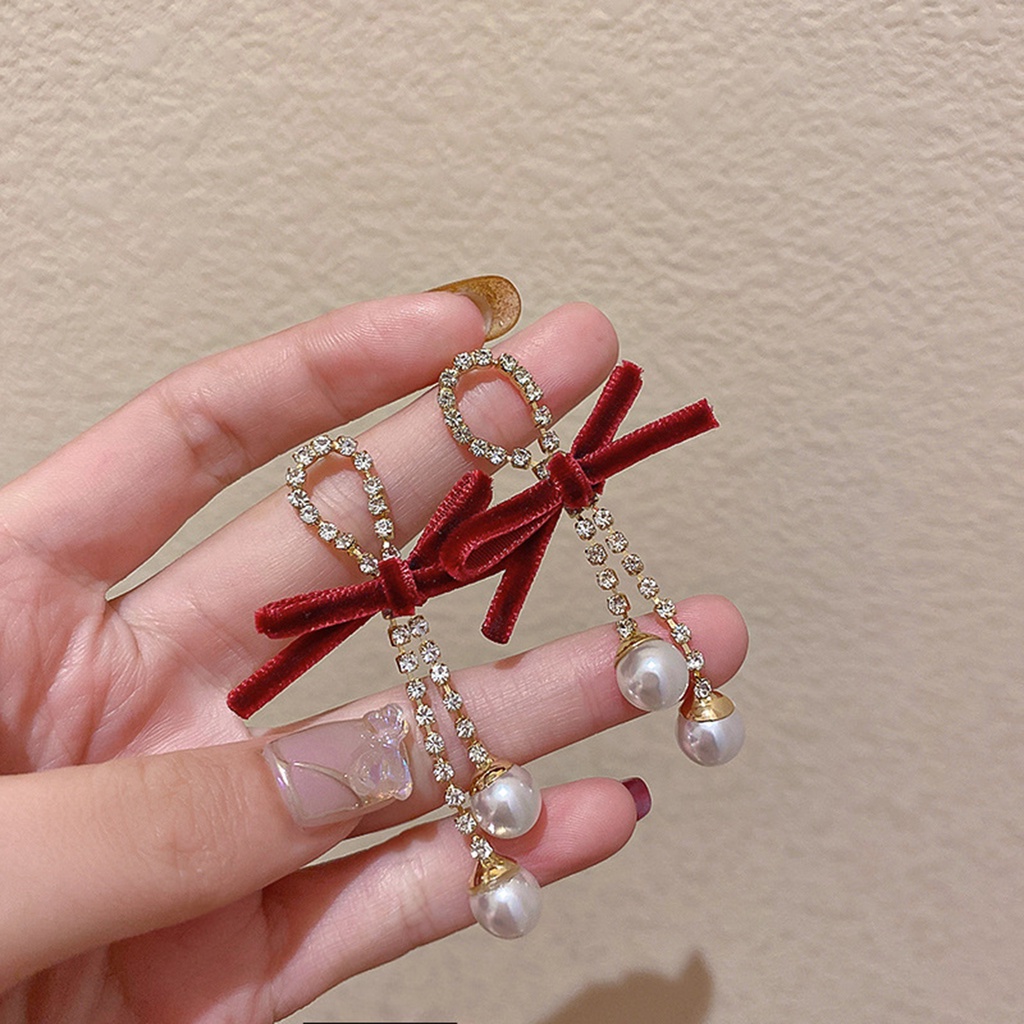 Hu Hu Hu Hu Hu Alat Bantu Pasang Kacamata♡ 1 Pasang Anting Tusuk Gantung Wanita Desain Pita Hias Mutiara + Berlian Imitasi Berkilau Untuk Kencan