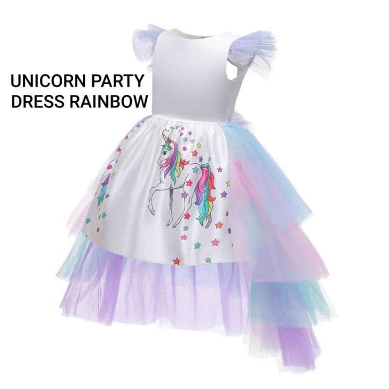 UNICORN PARTY DRESS RAINBOW / GAUN PESTA TUTU ANAK PEREMPUAN MOTIF UNICORN IMPORT BAGUS