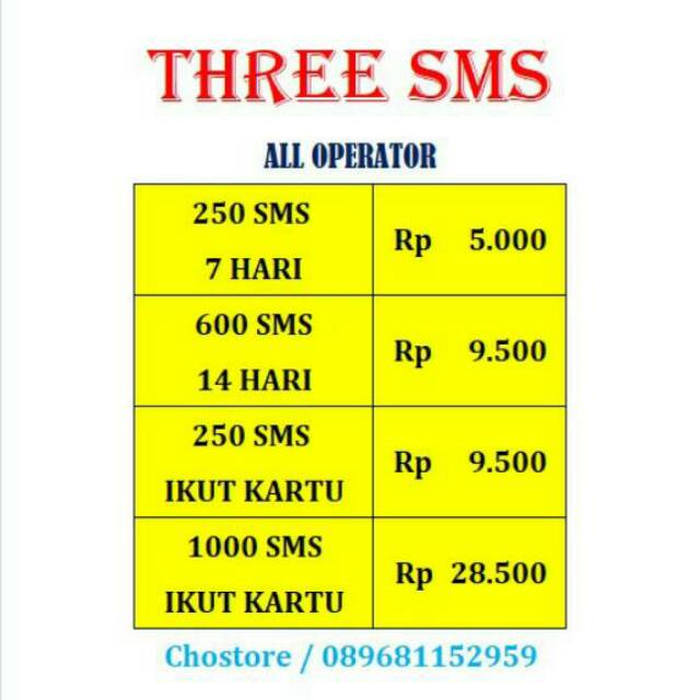 Paket SMS Three Tri 3 Semual All Operator Promo Murah