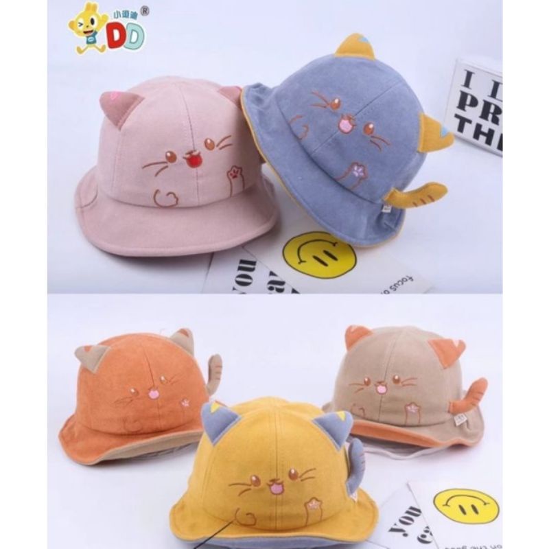 Topi Bayi Bucket Hat Model Kucing lucu bordir cute cat